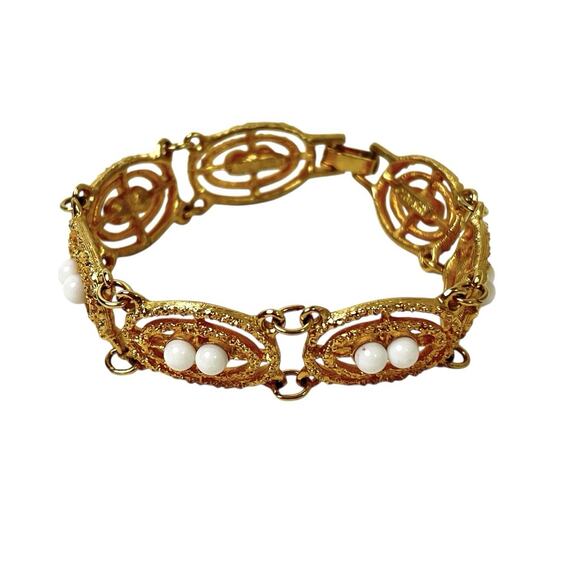 Sarah Coventry Jewelry - Sarah Coventry Gold Tone Bracelet Soft Swirl Textured Links White Beads Openwork